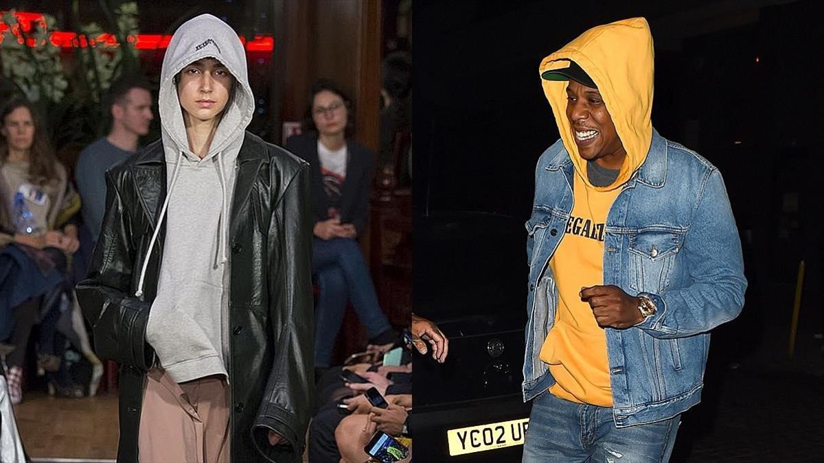 A la izquierda, un modelo de Vetements, que ha convertido en fetiche la sudadera. A la derecha, el rapero Jay-Z.