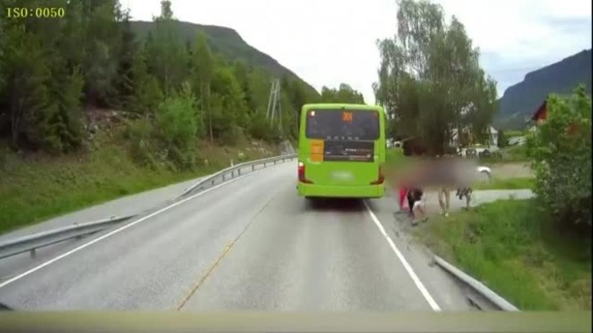 Vídeo que mostra el moment en què, en una carretera de Noruega, un camioner frena en l’últim instant per no atropellar un nen.