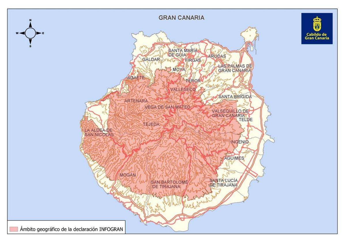 Imagen del ámbito geográfico al que afecta la alerta por riesgos de incendios forestaltes en Gran Canaria.