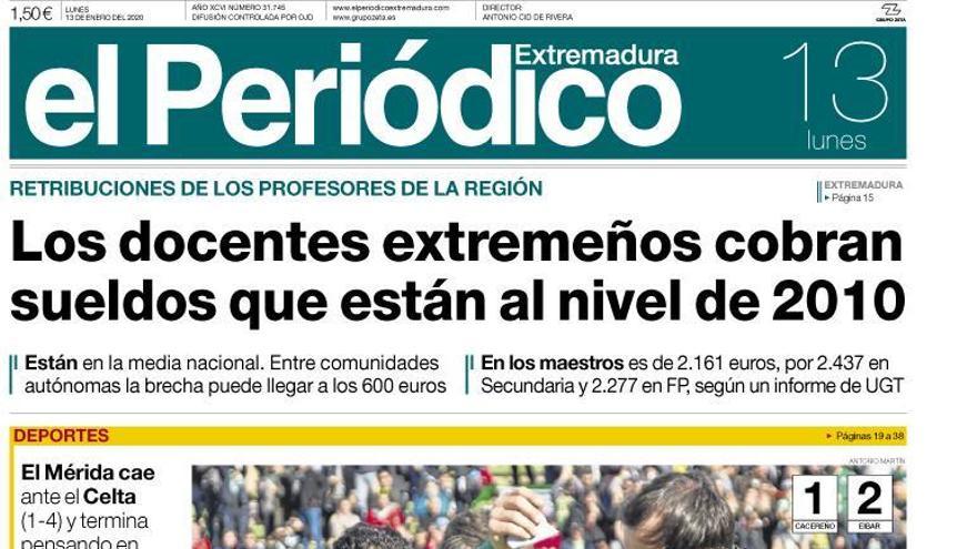 Esta es la portada de EL PERIÓDICO EXTREMADURA correspondiente al día 13 de enero del 2020