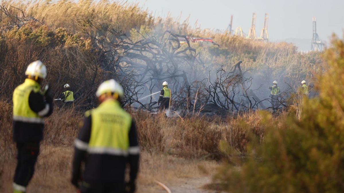 Labores de extinción del incendio declarado en el Saler