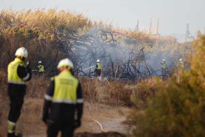 Labores de extinción del incendio declarado en el Saler