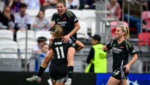 Arsenal’s Spanish midfielder #08 Mariona Caldentey (2L) celebrates with teammates after scoring Arsenal’s second goal during the UEFA Womens Champions League semi-final second leg football match between Lyon and Arsenal at the Groupama Stadium in Decines-Charpieu, central-eastern France on April 27, 2025. (Photo by OLIVIER CHASSIGNOLE / AFP)