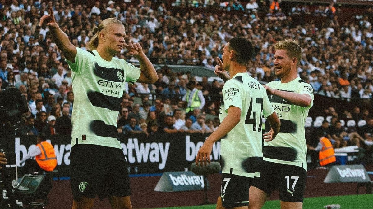 Erling Haaland celebrando sus primeros goles con el Manchester City