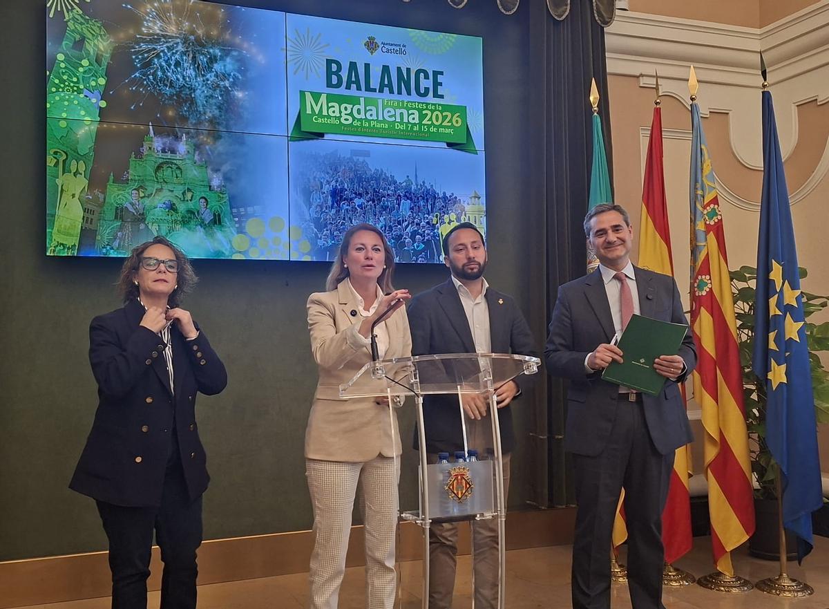 Comparecencia para hacer balance de la Magdalena 2026. De izquierda a derecha: la concejal de Fiestas, Noelia Selma; la alcaldesa de la capital, Begoña Carrasco; el primer teniente de alcalde, Sergio Toledo; y el concejal de Seguridad Ciudadana, Antonio Ortolá.