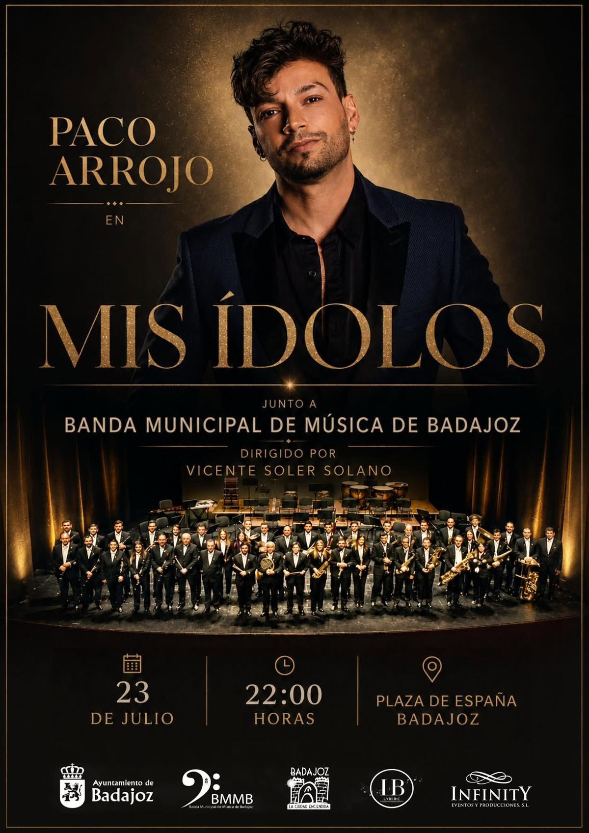 Concierto de Paco Arrojo, que estará acompañado por la Banda Muncipal de Música de Badajoz.