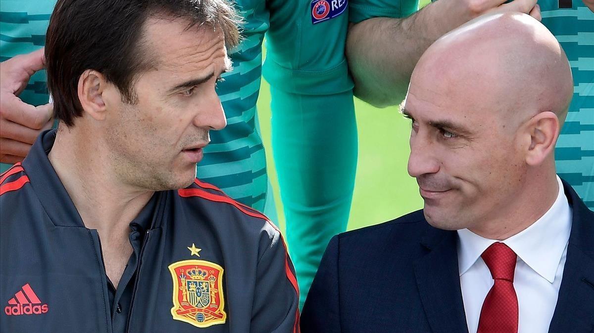 El seleccionador Julen Lopetegui y el presidente de la Federación Española de Fútbol, Luis Rubiales, en una imagen reciente.