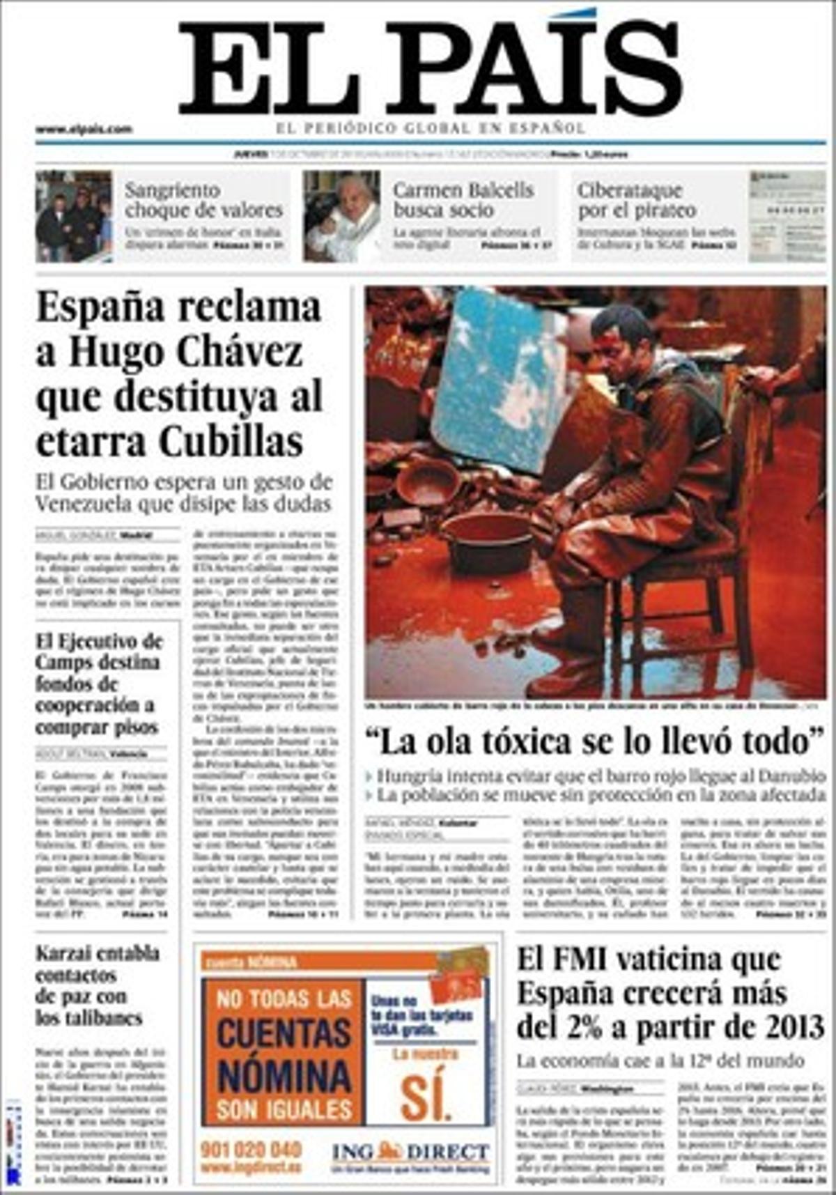 ’El País’ destaca en primícia que el Govern valencià destina a la compra de pisos fons de cooperació. També realça que la crisi relega Espanya a ser la 12a economia mundial, que 450 milions pendents de l’Estatut tensen la relació Estat-Generalitat, que el Ministeri de Justícia obre una via per inscriure al registre civil els fills de ’ventres de lloguer’ i que l’editora Carmen Balcells busca soci.