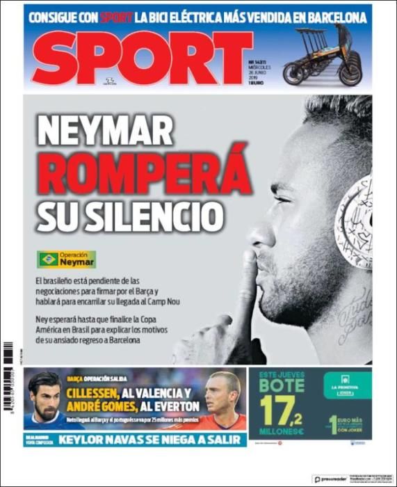 Portada SPORT miércoles 26 de junio de 2019