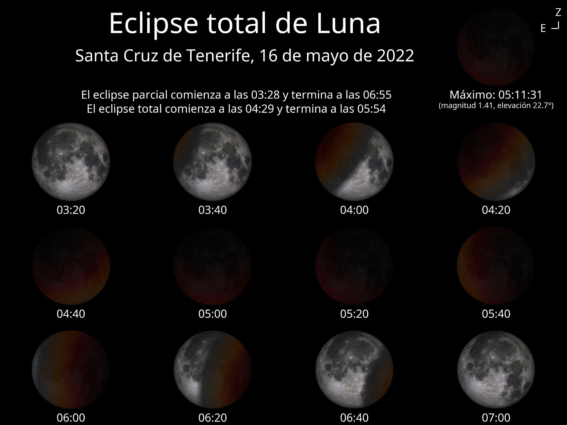 Eclipse total de luna del próximo 16 de mayo que será visible en Santa Cruz de Tenerife.