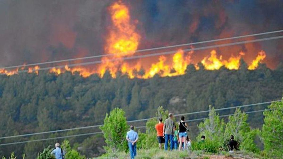 El foc originat el diumenge 26 de juliol de l’any 2015 que fa afectar l’Anoia i el Bages, en una imatge d’arxiu