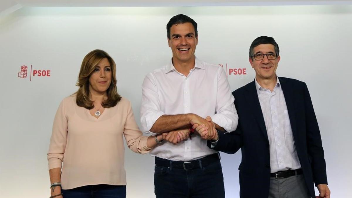 Díaz, Sánchez y López en la sede del PSOE el pasado domingo, tras conocerse los resultados de las primarias.