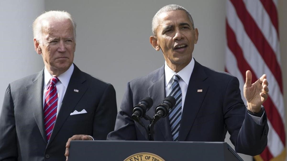 Obama y Biden durante la comparecencia en la Casa Blanca.