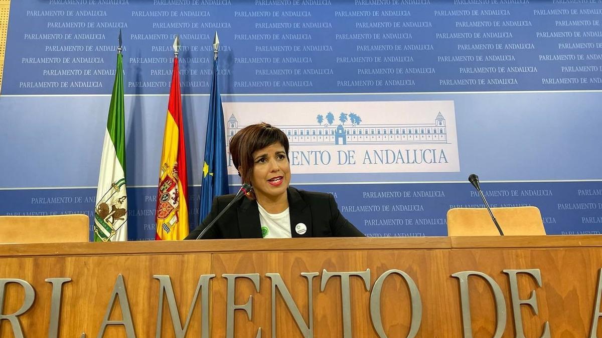 Teresa Rodríguez en una rueda de prensa en el Parlamento andaluz.