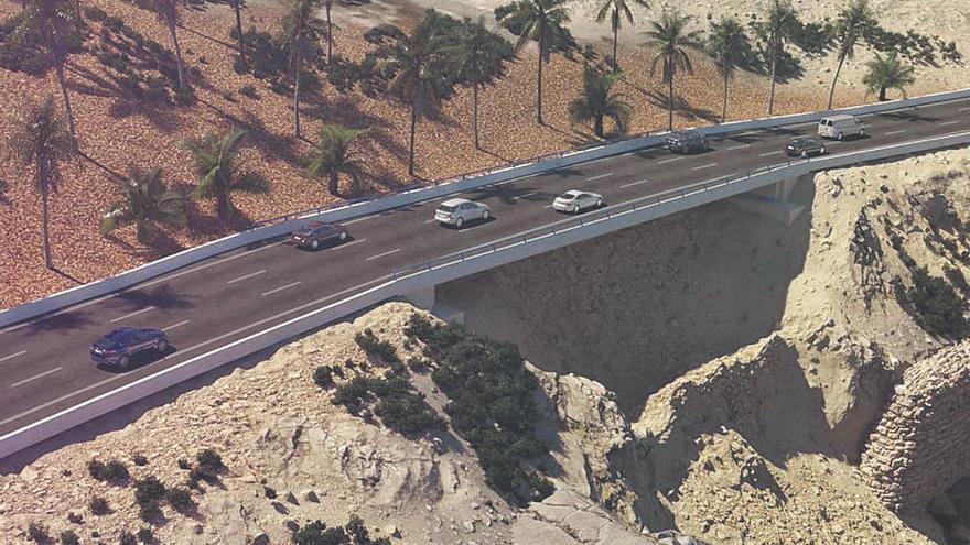 Recreación del nuevo puente en la autovía GC-1 para salvar el socavón provocado por el derrumbe de la ladera.