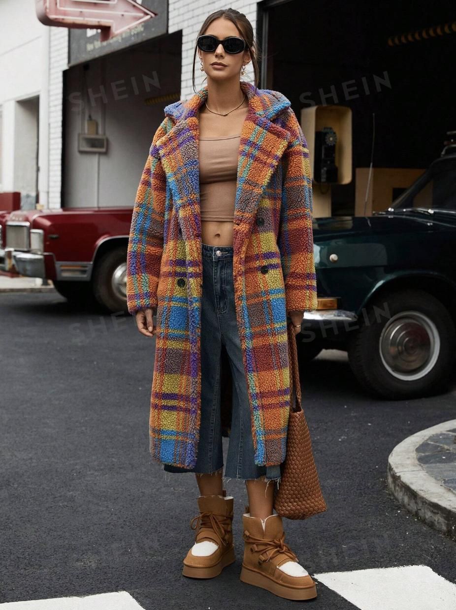 Abrigo teddy con estampado de cuadros de colores