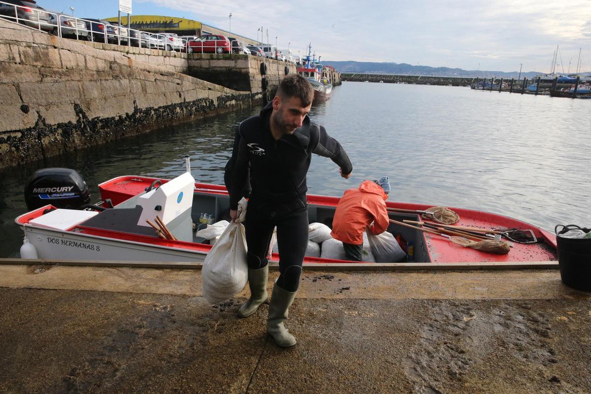 Descargas de mejilla en el puerto de Cangas.