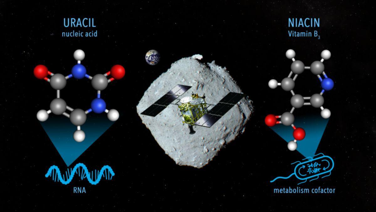 Imagen conceptual para el muestreo de materiales en el asteroide Ryugu, que contiene uracilo y niacina.