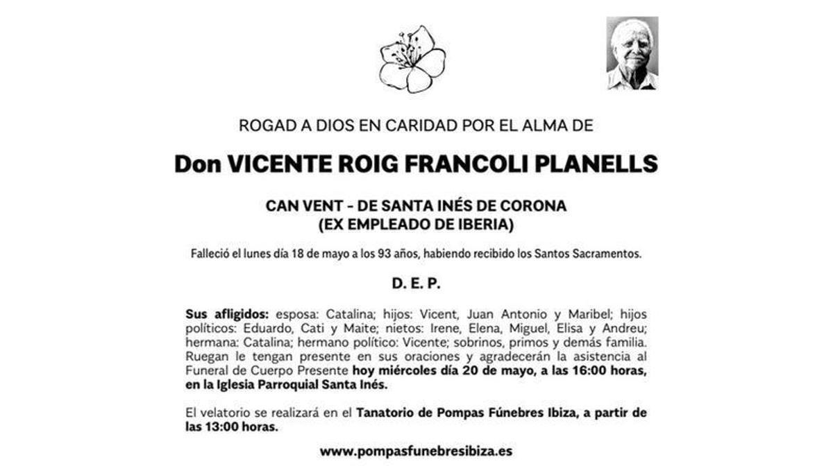 Esquela Vicente Roig Francoli Planells