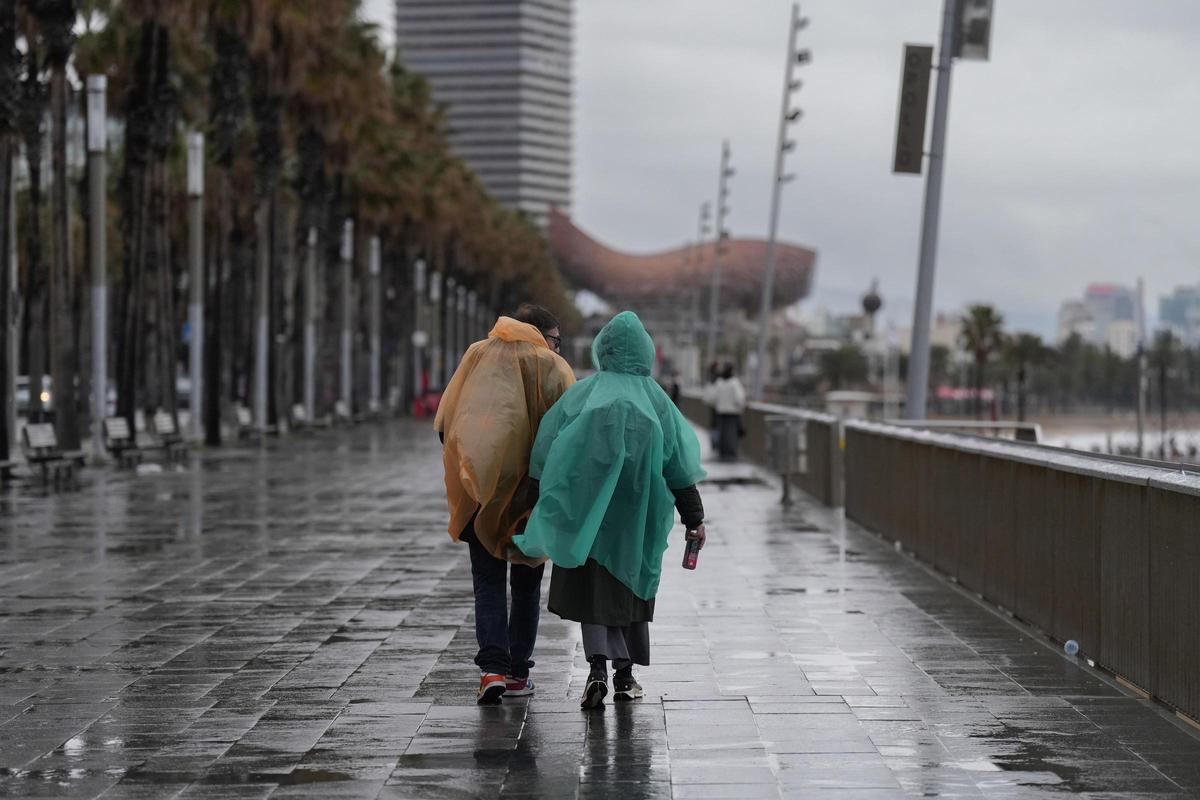 Vecinos de Barcelona pasean bajo la lluvia en la playa de la Barceloneta. Archivo
