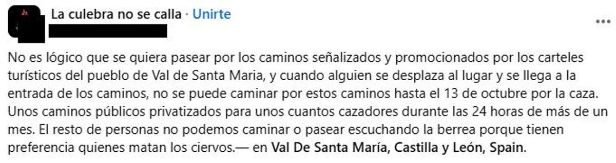 Crítica publicada en Facebook por las limitaciones de acceso a la Sierra de la Culebra