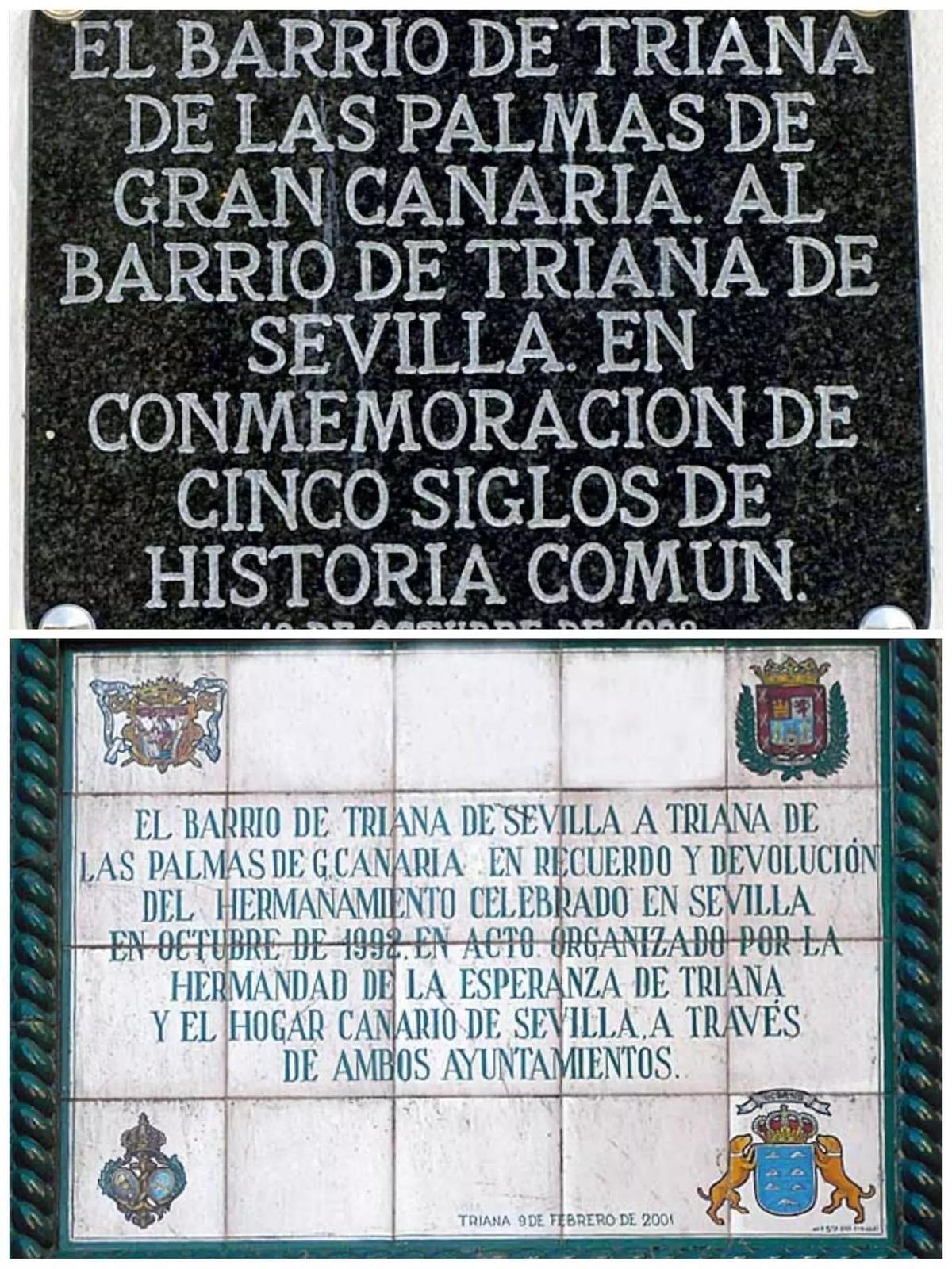 Placas conmemorativas en los barrios de Triana de Sevilla y Las Palmas que conmemoran la unión entre ambos / LP