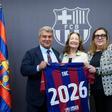 Joan Laporta, Neus Aranda y Elena Fort, en el acuerdo Barça-TNC