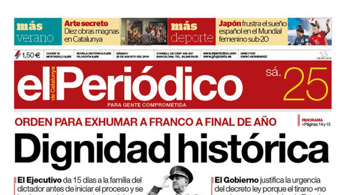 La portada de EL PERIÓDICO DE CATALUNYA del sábado, 25 de agosto