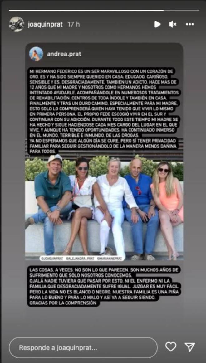 Un Instagram Stories de Joaquín Prat sobre su hermano adicto, Federico