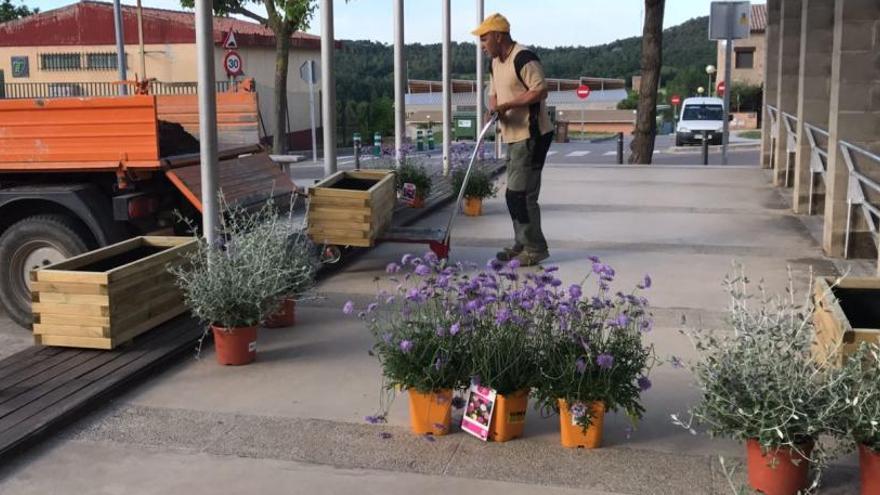 Un operari plantant flors  i plantes al nucli urbà d&#039;Avià