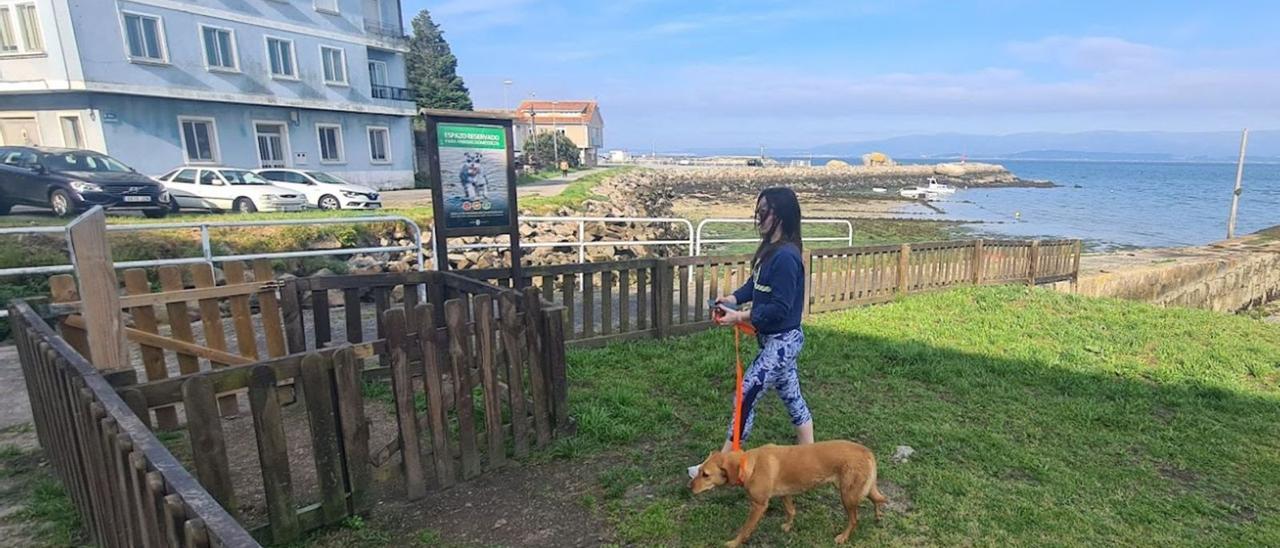 Una joven vilagarciana abandona con su perro la
 zona habilitada para mascotas de Vilaxoán.   | //  M. MÉNDEZ