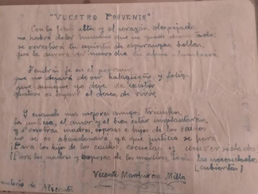 Carta que Vicente Machirán envío a su mujer desde el Reformatorio de Adultos de Alicante.