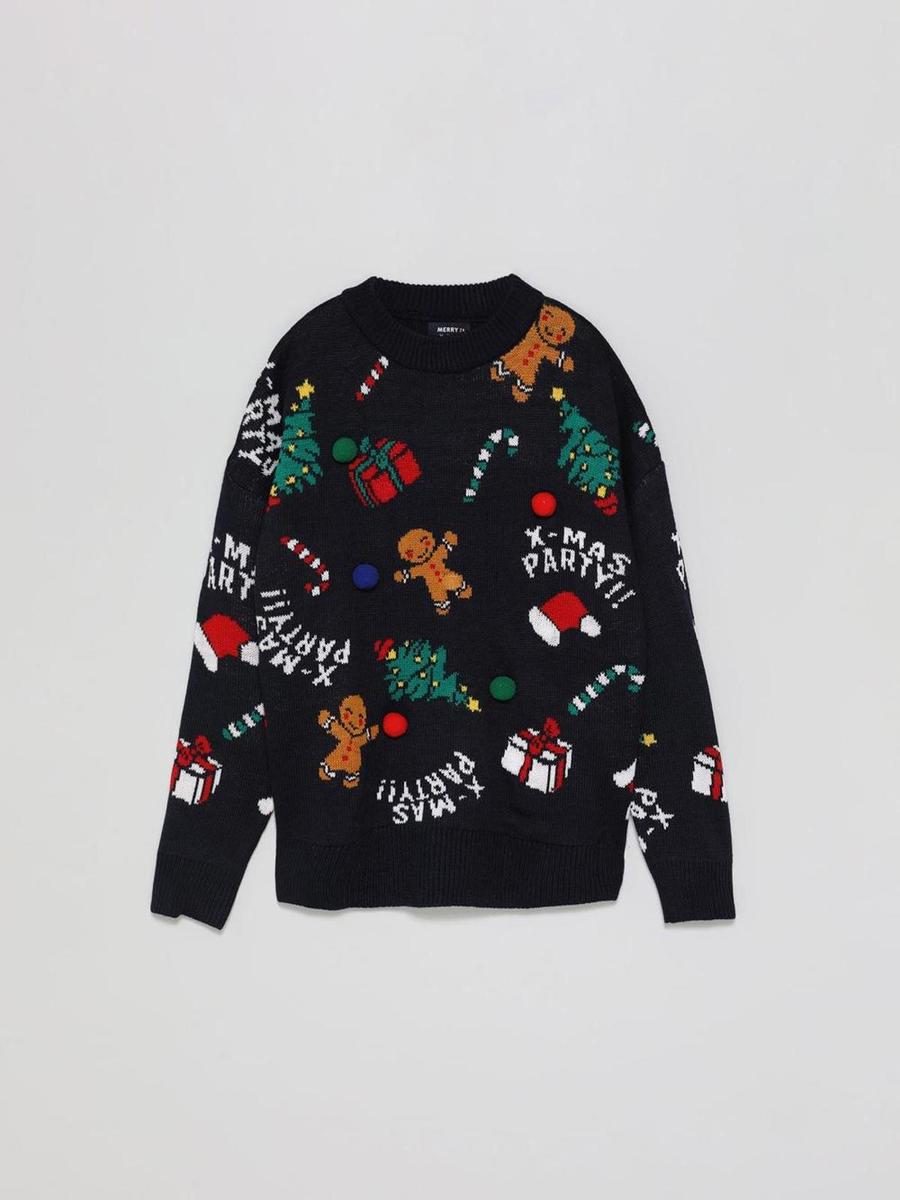 Jersey feo navideño con gingerbread en azul de Lefties. (Precio: 19, 99 euros)