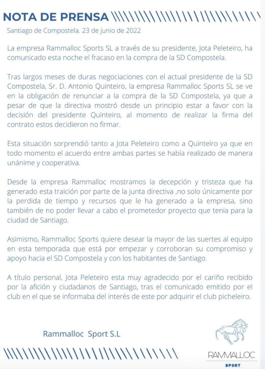 Comunicado de Rammalloc Sports, a través de su presidente, Jota Peleteiro.