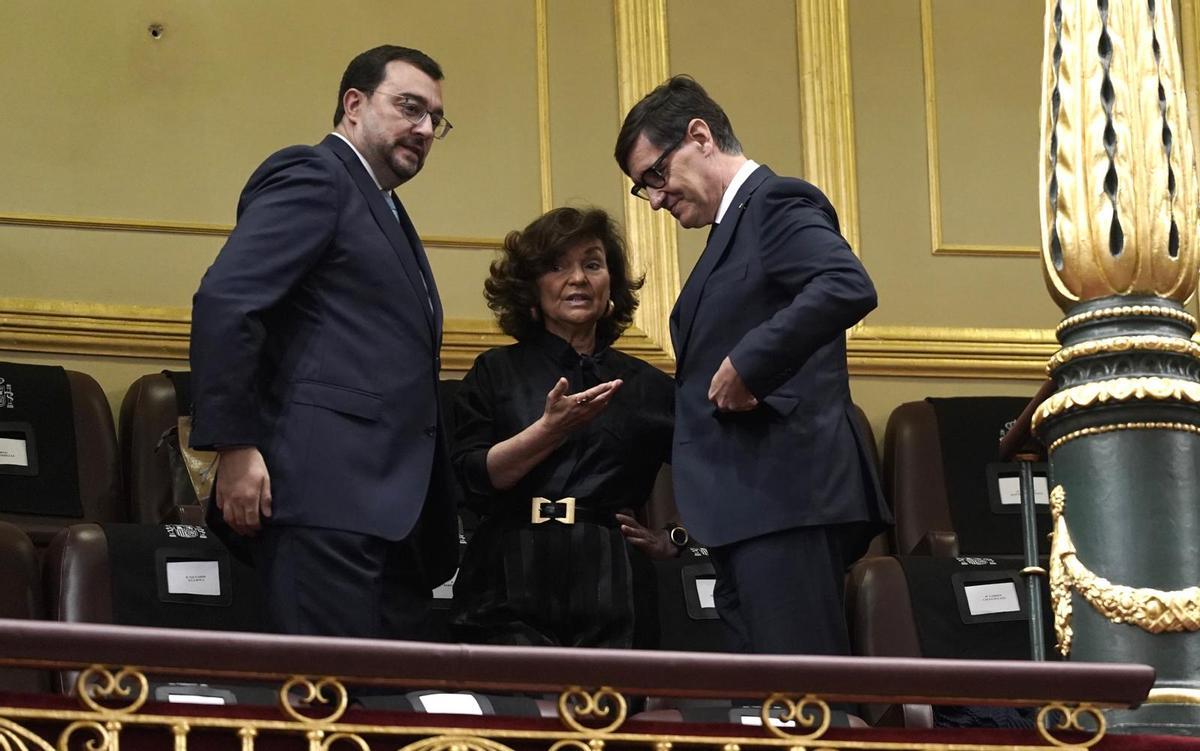 Adrián Barbón, Carmen Calvo y Salvador Illa. Adrián Barbón, Carmen Calvo y Salvador Illa.