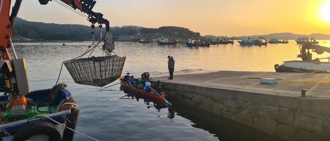 Jóvenes deportistas y estudiantes en Porto Meloxo, rodeados de embarcaciones de pesca, marisqueo y acuicultura. |  // M. MÉNDEZ