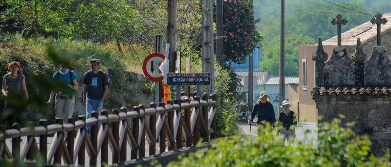 Un grupo de peregrinos del Camino Portugués a su paso por el Concello de Valga. // Iñaki Abella