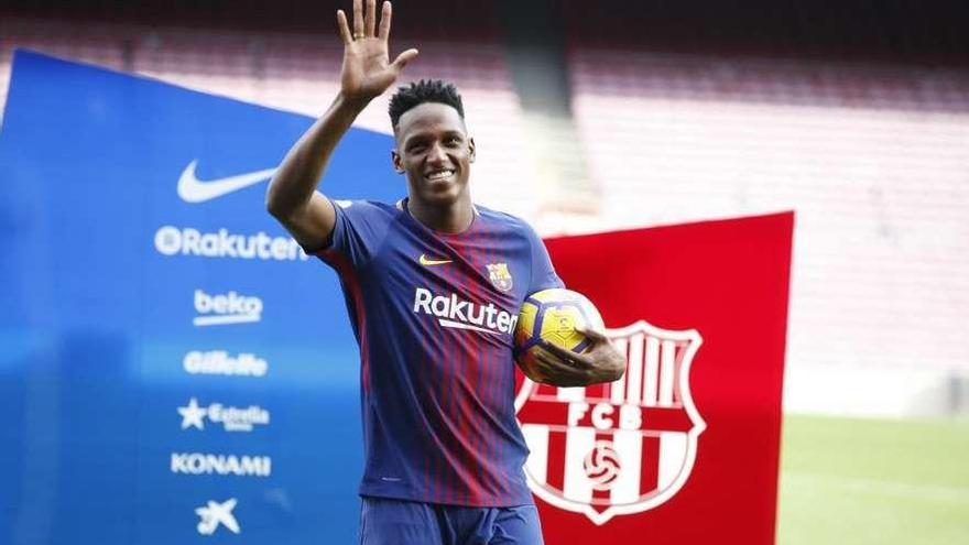 Yerry Mina, el pasado 13 de enero, en su presentación con el Barcelona.