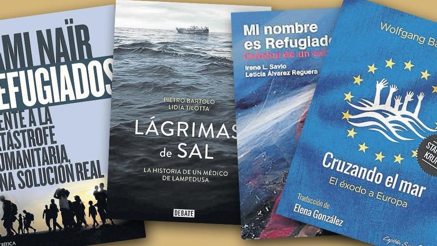 Portadas de algunos de los libros sobre refugiados y migraciones que han llegado a las librerías españolas en el último año.