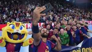 Los jugadores del Barça celebran el pase a la final four de Colonia.