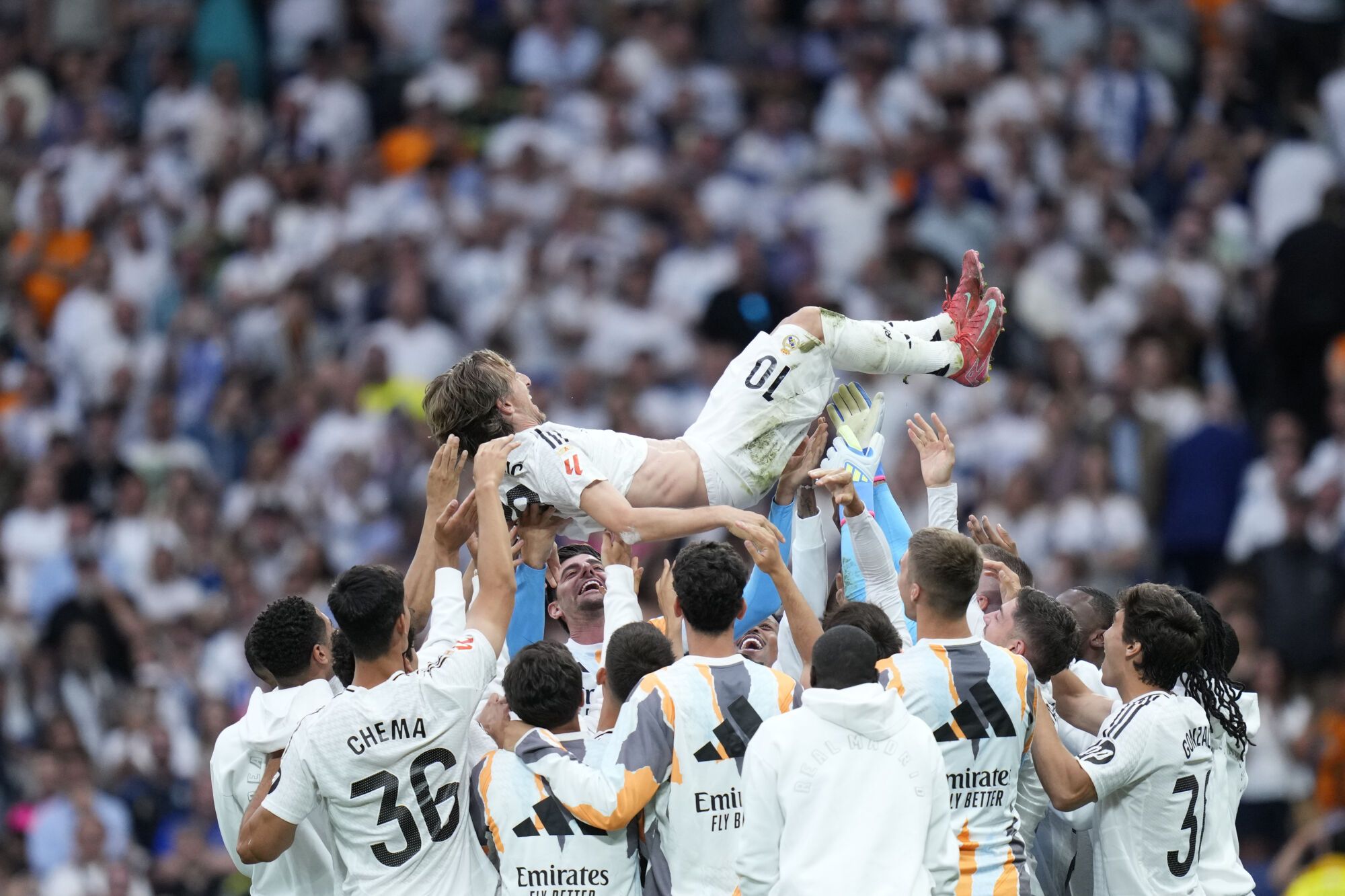 Real Madrid's Luka Modric is lifted in the air by the players after a Spanish La Liga soccer match against Real Sociedad at Santiago Bernabeu stadium in Madrid, Saturday, May 24, 2025. (AP Photo/Cesar Cebolla)