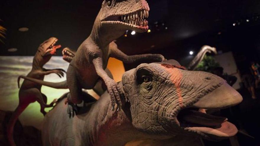 Un iguanodonte, devorado por tres dromaeosáuridos, en una exposición ofrecida hace unos meses por el Muja.