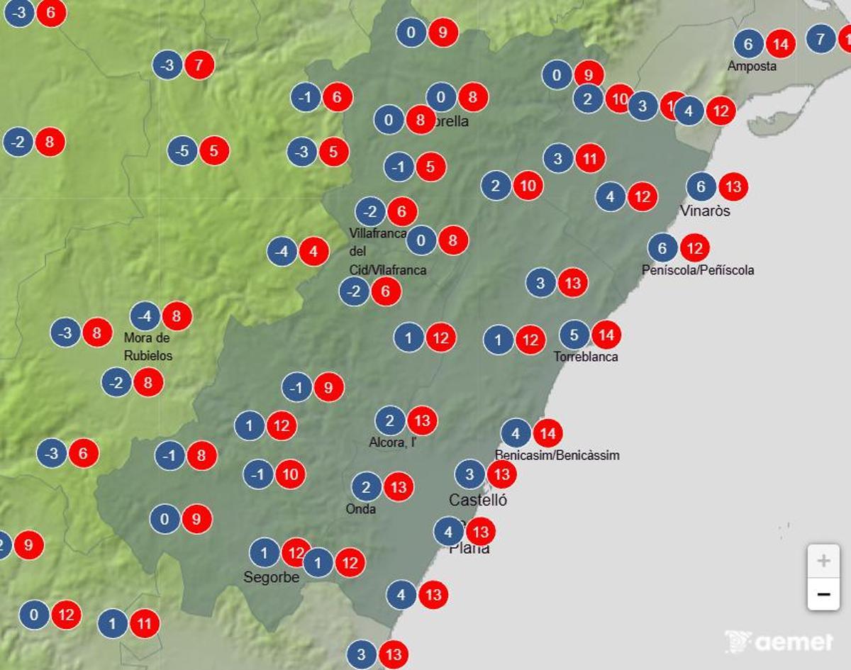 Temperaturas previstas para este domingo en la provincia de Castellón.