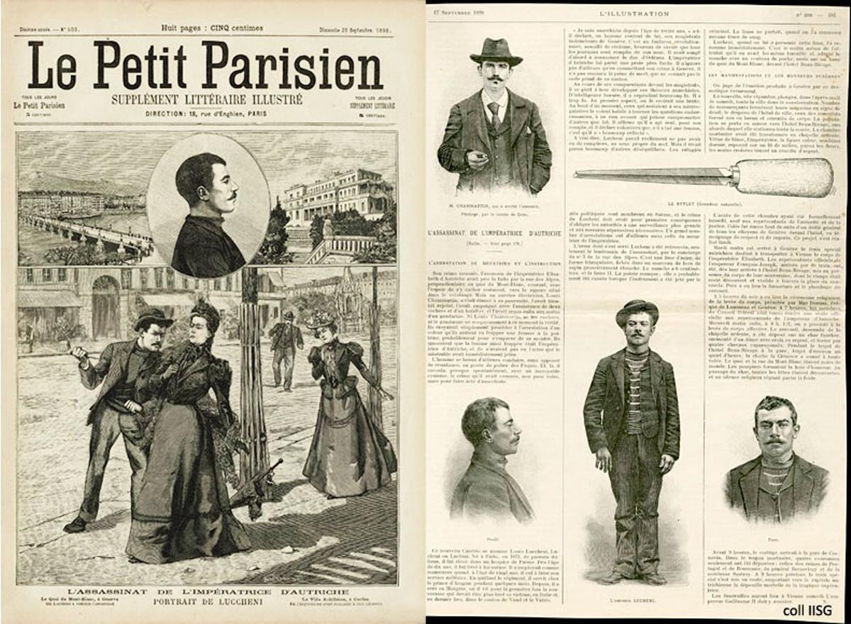 Portada de &quot;Le Petit Parisien&quot; tras el asesinato y otras publicaciones analizando el arma y la muerte de la emperatriz