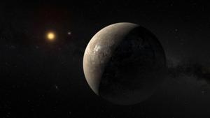 Simulación del exoplaneta Proxima b orbitando alrededor de Proxima Centauri, la estrella más cercana a nuestro Sol.