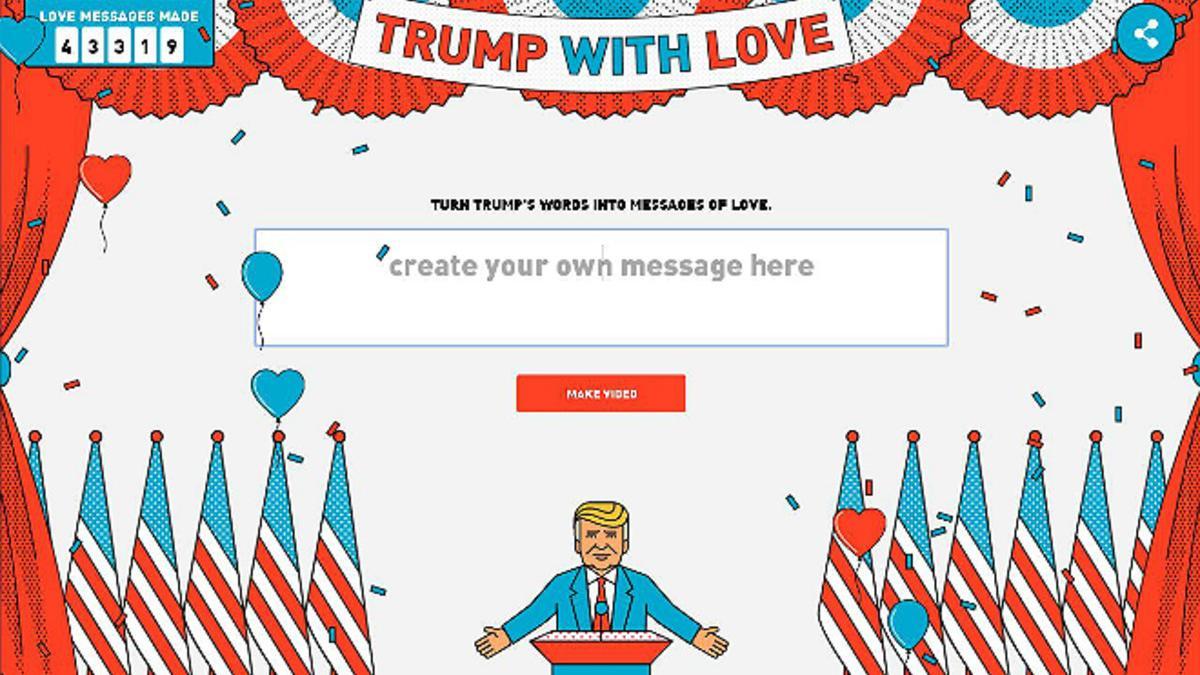 Aspecto de la página web 'Trump with love', para mandar mensajes de amor con la voz y la imagen del presidente de EEUU.