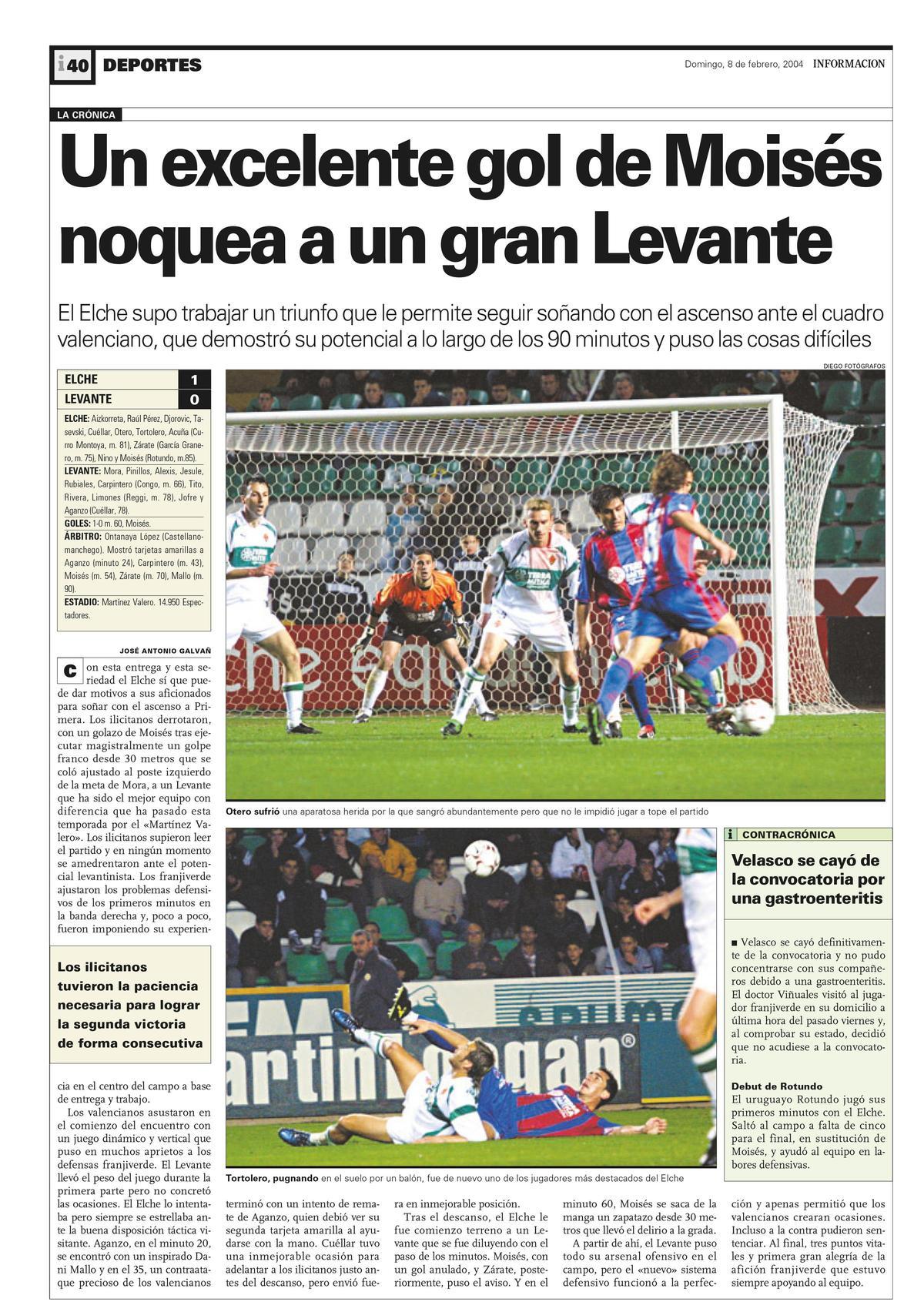 Página de INFORMACIÓN con la crónica de la última victoria del Elche sobre el Levante en el Martínez Valero en Segunda División