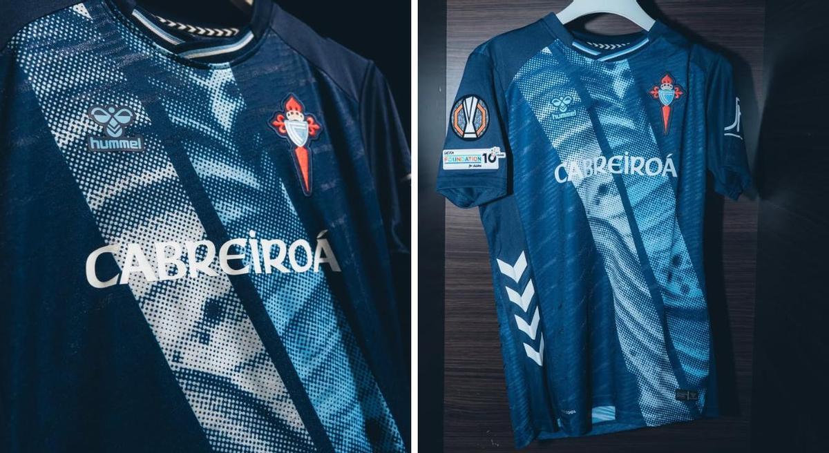 Camiseta con publicidad de Cabreiroá con la que el Celta jugará ante el Olympique