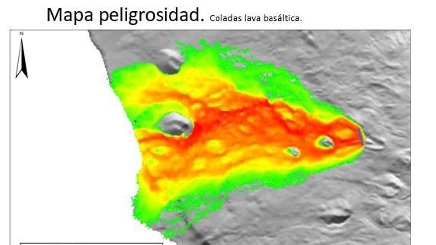 Mapa de peligrosidad de la colada de lava basáltica que discurre hacia la costa de Los Llanos de Aridane.