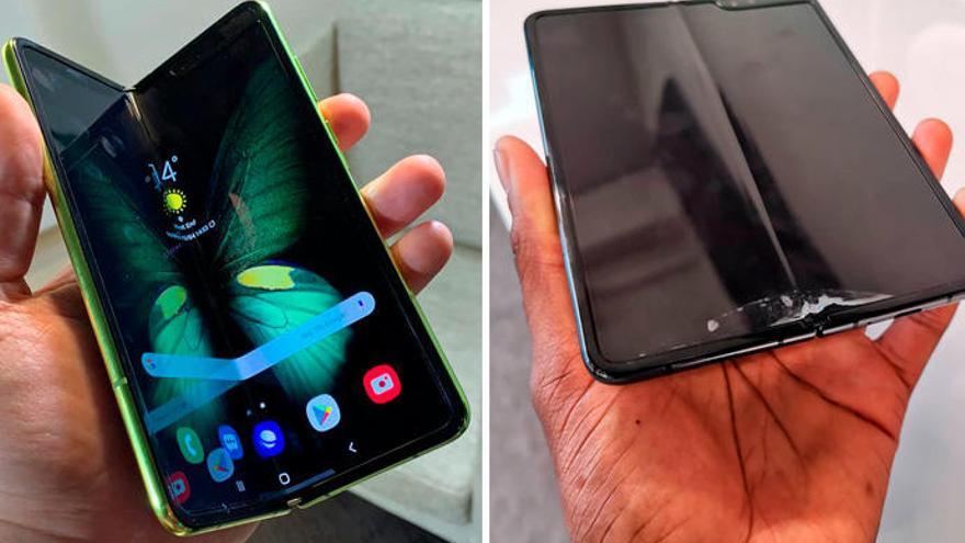 A la derecha, el Samsung Galaxy Fold roto junto a un terminal que no ha dado problemas.